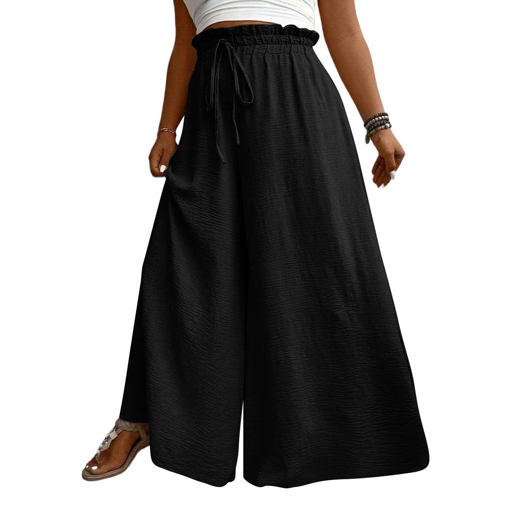 Women High Waist Wide Leg Palazzo Pants Drawstring Elastic Waist Loose Fit Flowy Long Trousers with Pockets for Casual Daily Wear