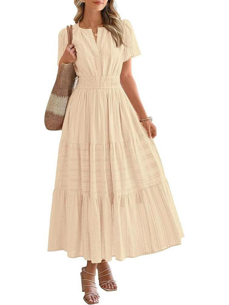 2025 Trendiges V-Ausschnitt Gerafftes Puffärmel Damenkleid