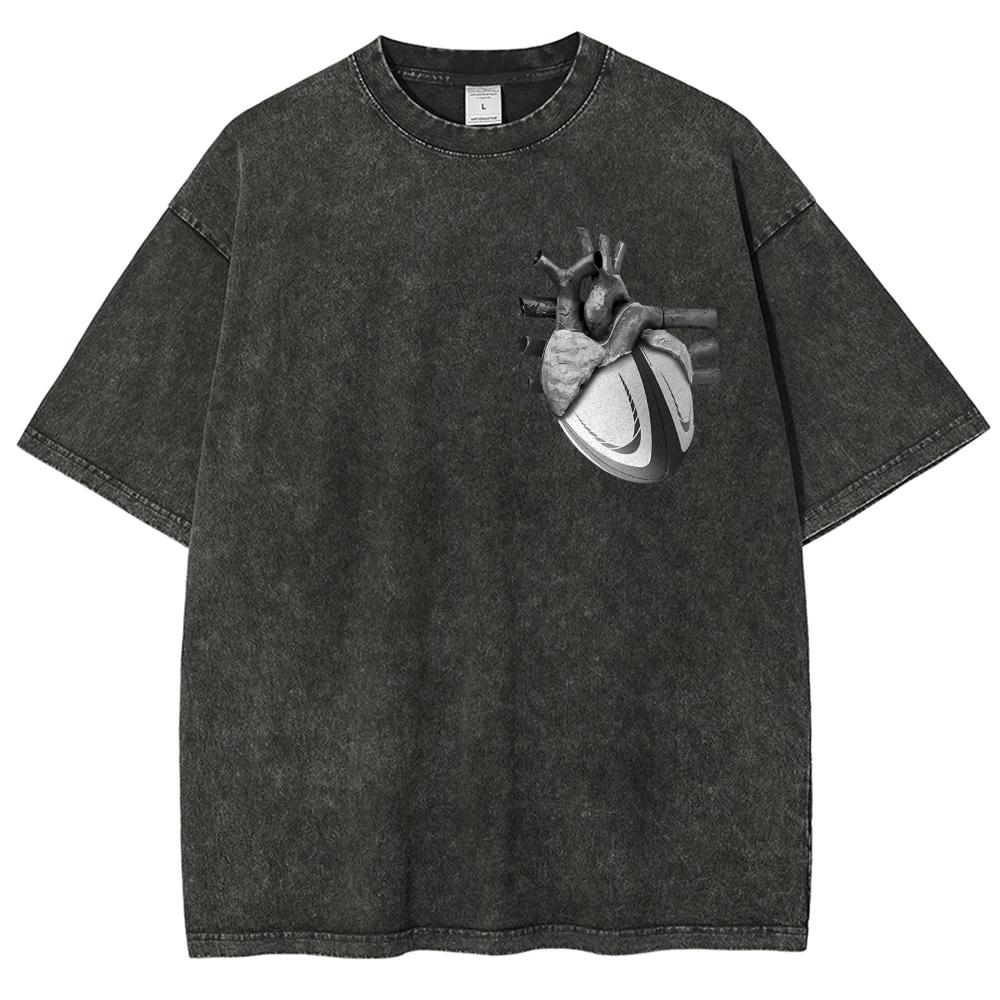 Dopasowane Prane T-shirty Serce Piłka nożna Rugby Nadrukowany Damski Męski T-shirt Bawełniany Oversize Zabawne Graficzne T-shirty dla Mężczyzn Letnie Top