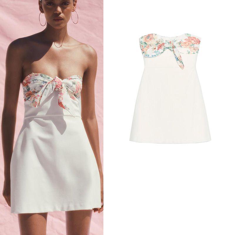 Summer New Product Women's Clothes Sweet Style off-the-Shoulder Straight Collar Print Thin Scarf Trim Short Dress 3067303