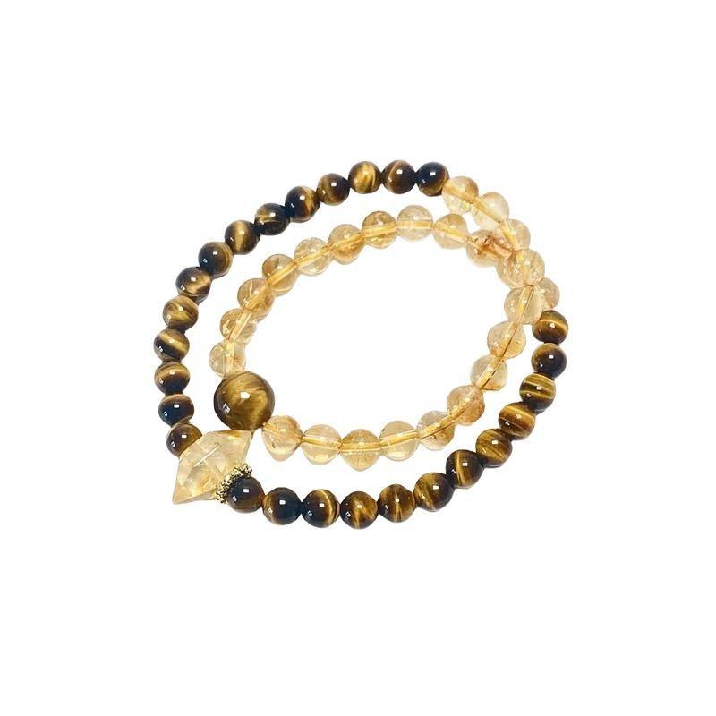 Natural Yellow Quartz Tigers Eye Double Wrap Bracelet Women Geometric Style Crystal Beaded Jewelry