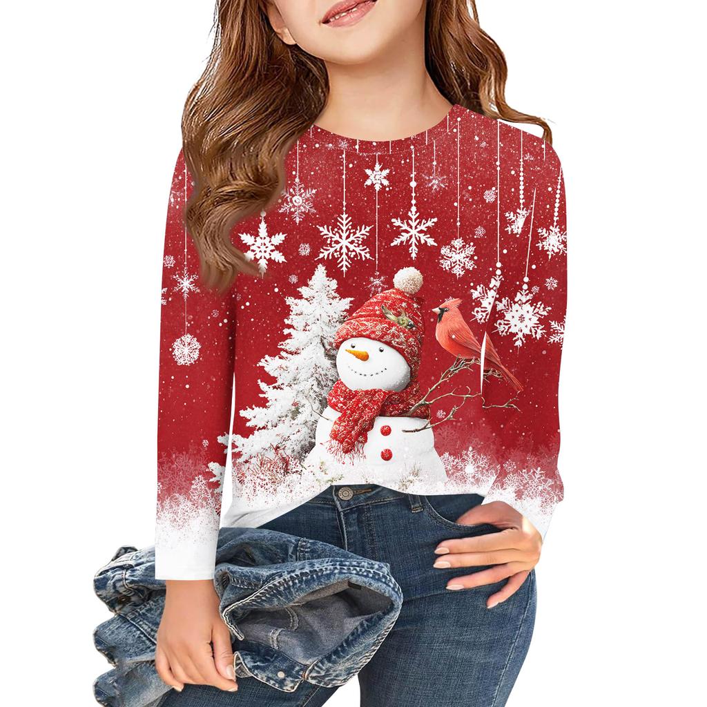 Christmas Day Girls Long Sleeve T Shirts Kids Fall Tops Crewneck Printed Basic Tees