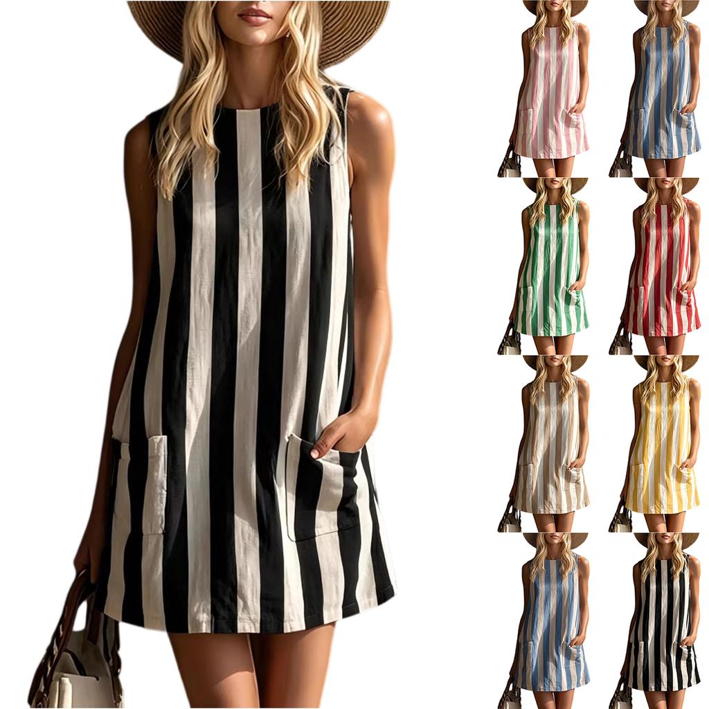 Sleeveless Vertical Stripe Casual Dress with Crew Neck and Front Pockets Loose Fit Lightweight Summer Sundress for Women