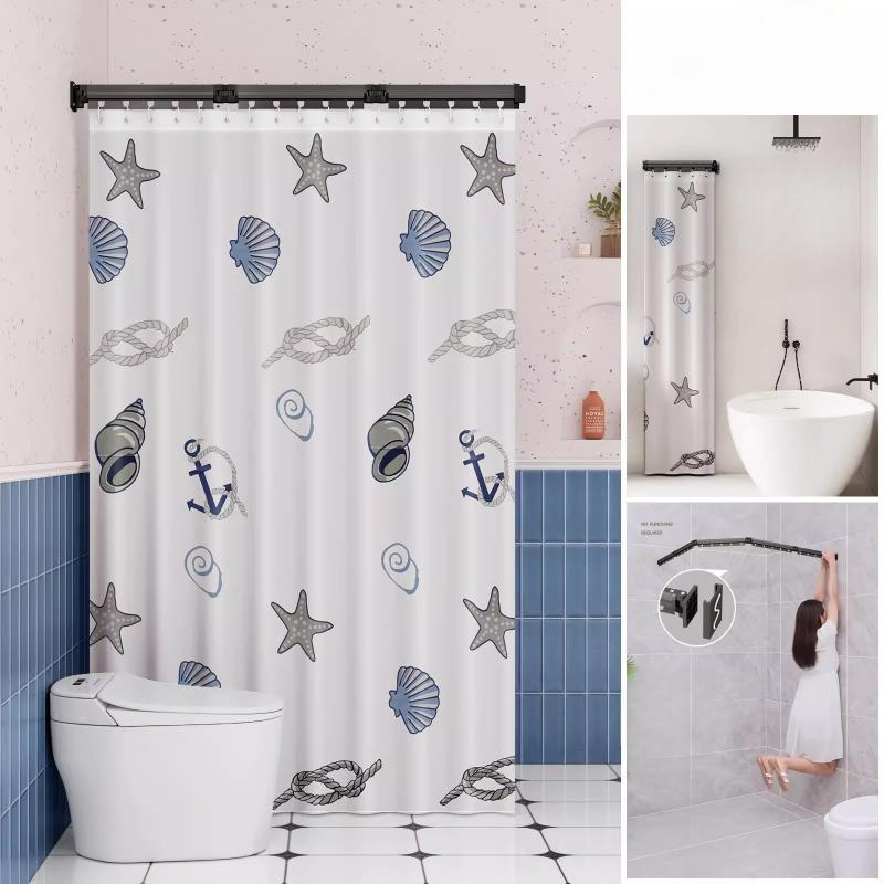 Foldable Shower Curtain Rod for Bathroom and Toilet, No Need To Drill Holes, Dry-wet Separation, C-shaped Waterproof Shower