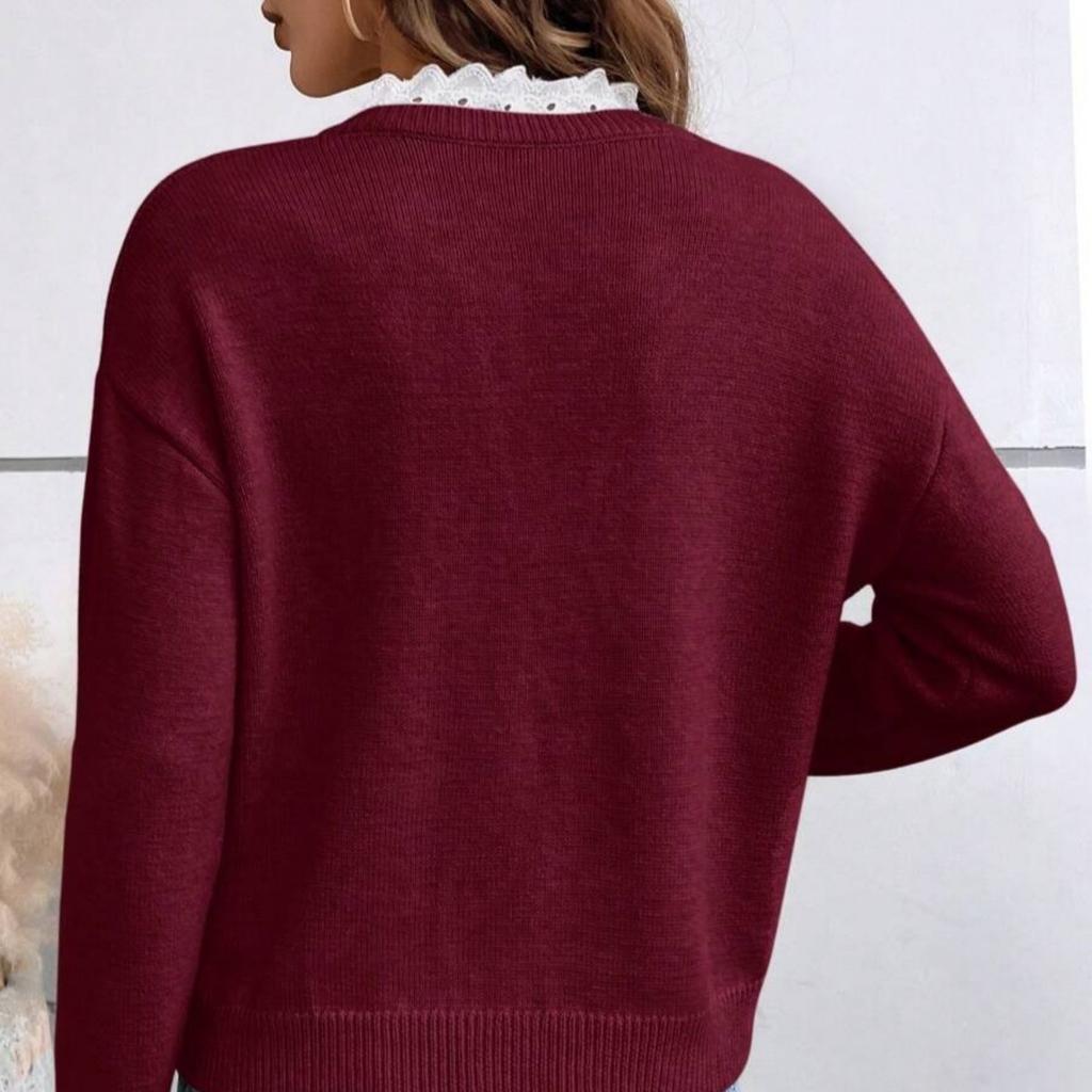 Autumn and Winter Fashion Lace V-neck Sweater Solid Color Loose Long Sleeve Women's Knitted Sweater