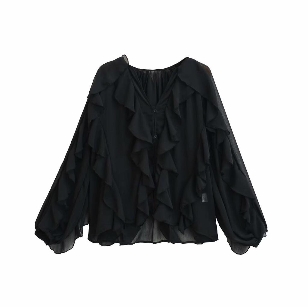 Summer 2026 European & American V-Neck Layered Ruffled Pleated Women's Shirt