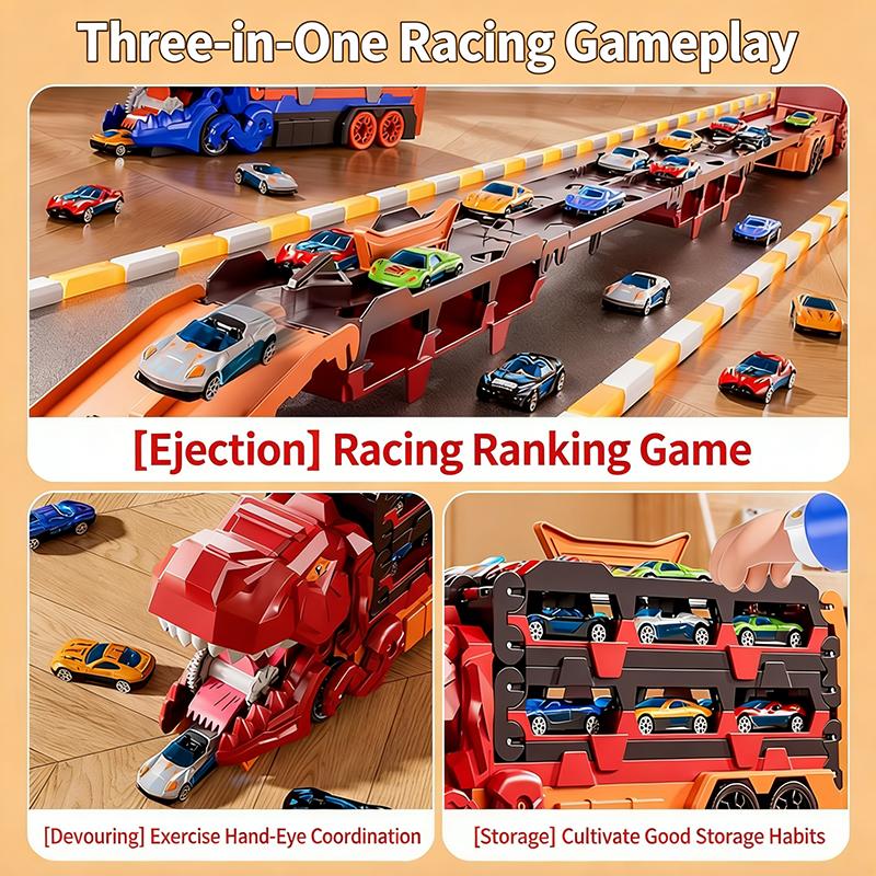Edukacyjna ciężarówka do przechowywania dinozaurów: 24 Auta ze Stopu z Torami Wyrzutowymi – Uczą Organizacji i Rozwijają Motorykę Małą