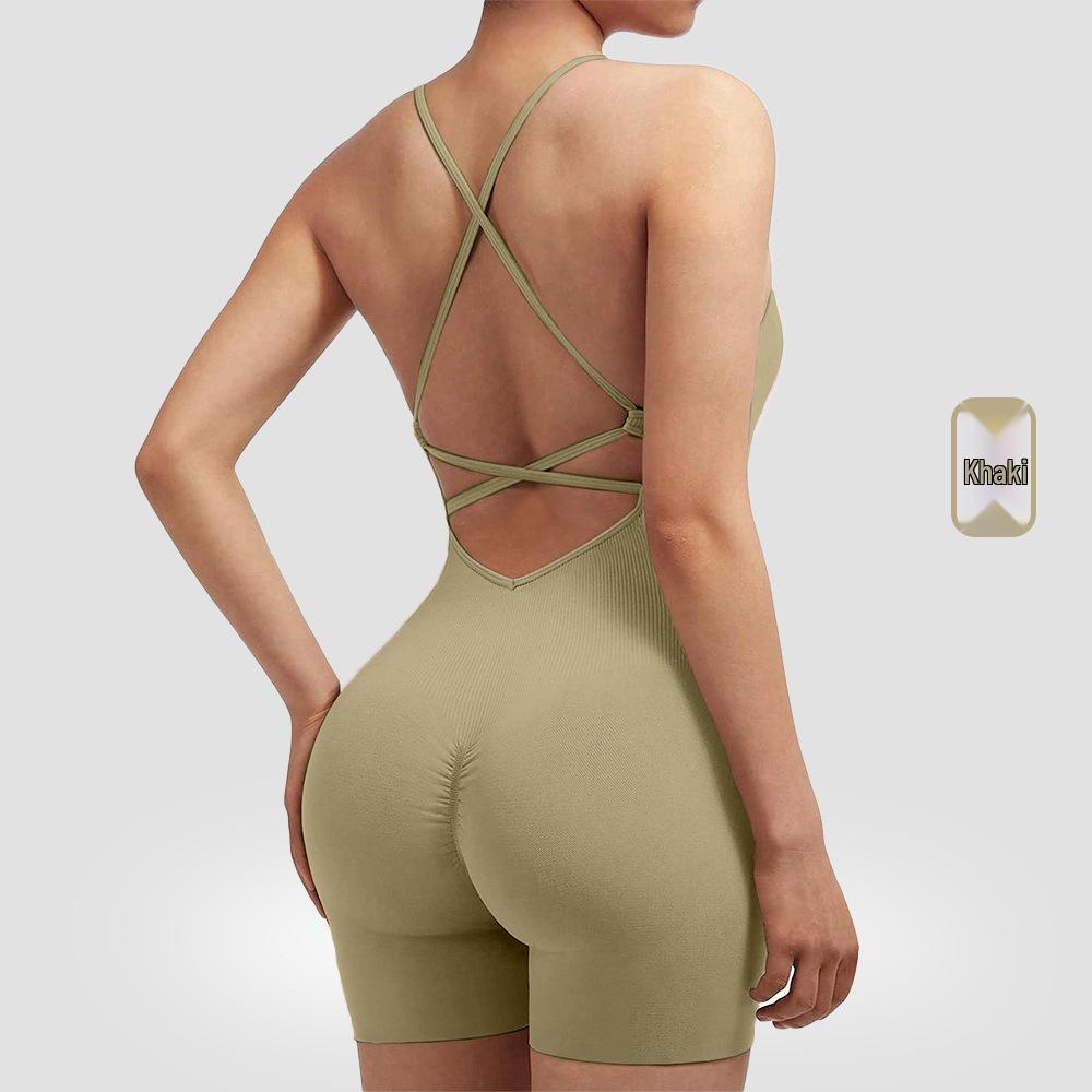 Seamless Peach Butt Yoga Bodysuit with Spaghetti Straps and Open Back