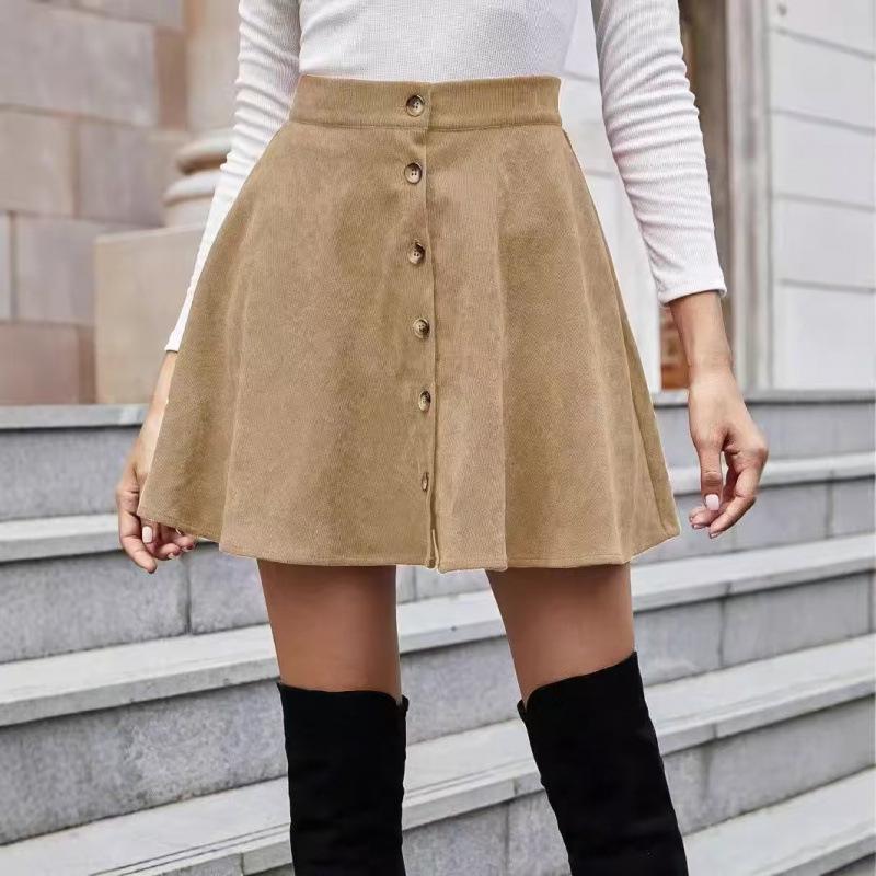 2026 Women's Solid Corduroy Half Skirt - Sweet, Fashionable, Single-Breasted Casual Wear for All Seasons