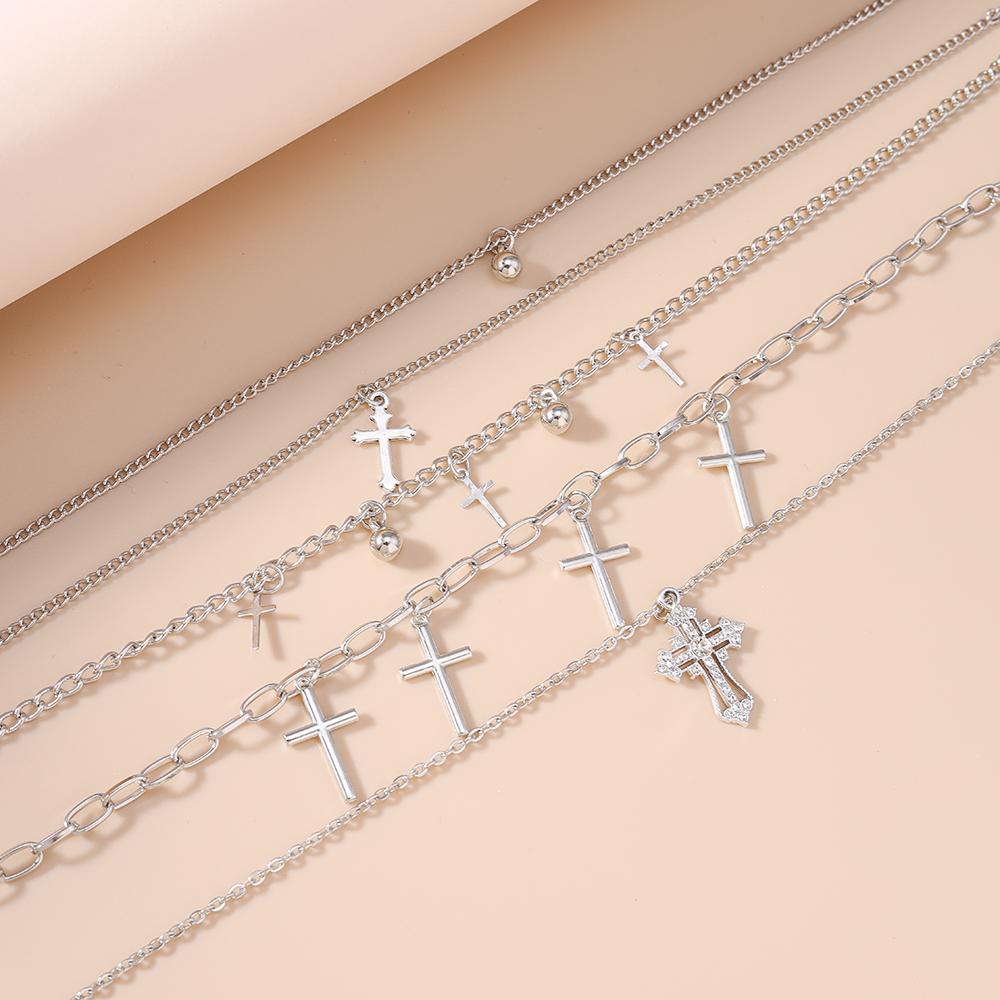 New Silver Color Cross Pendant Necklace Multilayer Metal Punk Choker Necklaces Chain Women Jewelry Gifts