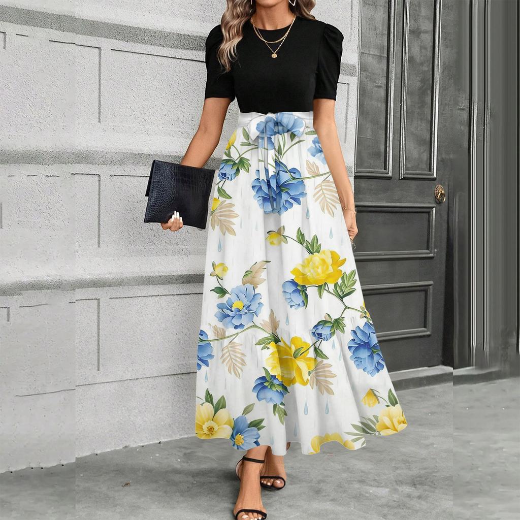 Short Sleeve Women's Dress Casual Flowy A-Line Midi Tshirt Dresses With Pockets Crewneck Vocation Boho Beach Sundress
