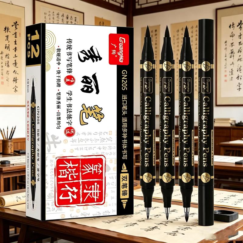 GuangNa Set da 3 Pezzi Pennelli Calligrafici per Disegno e Hand Lettering, Pennarelli Pennello con Inchiostro Nero per Arte, Calligrafia, Schizzi