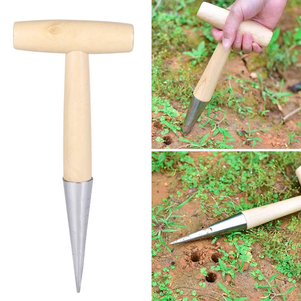 Hand Sow Dibbler With Wood Handle For Sowing Seeds Transplanting Plants Planting Bulbs Digging Gardening Garden Hole Punch Tool