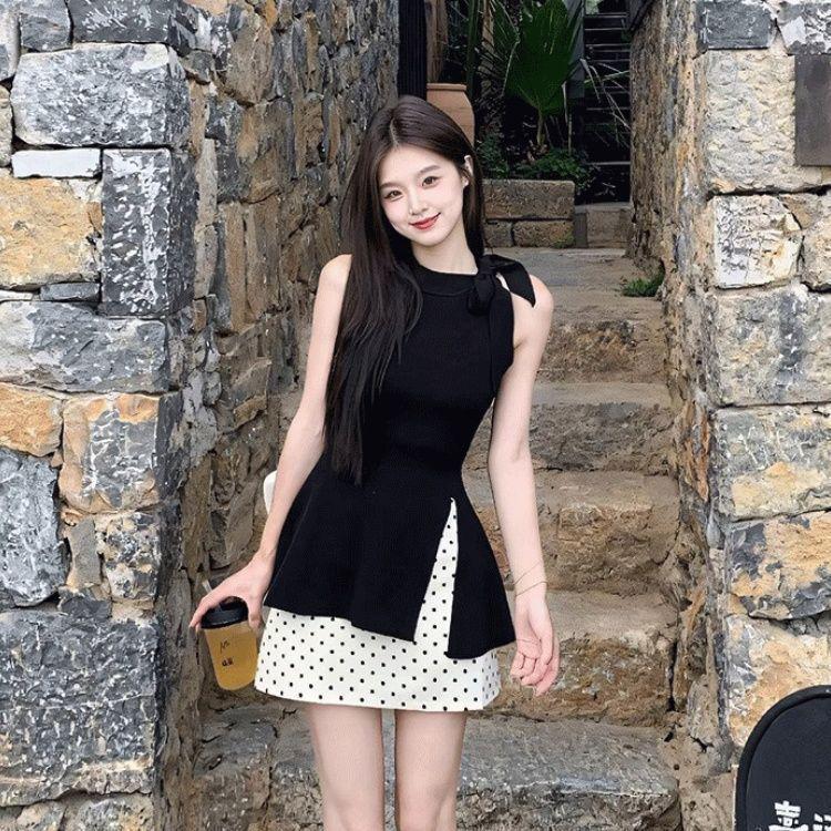2026 Summer Korean Style Black Polka Dot Elegant Slit Top & High-Waisted Slimming Skirt Set for Women S