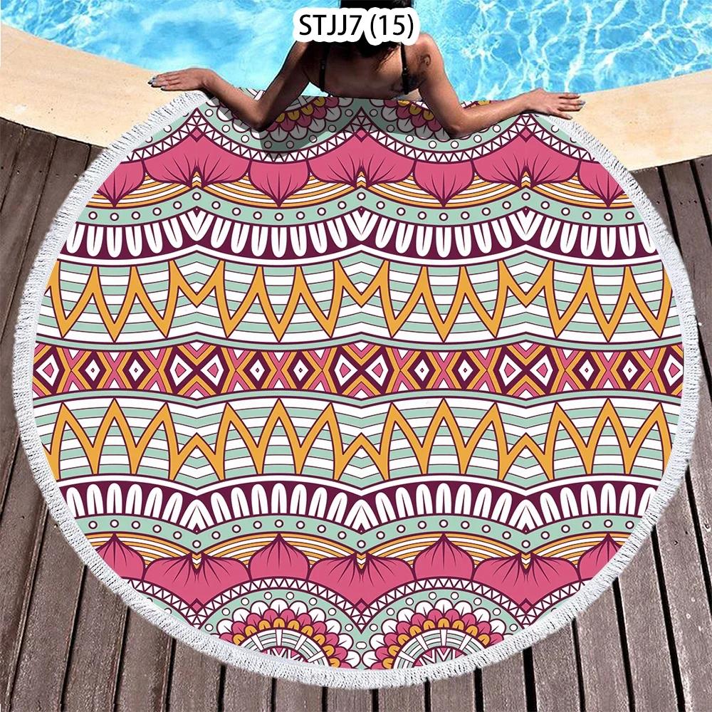 Ethnic Plaid Beach Creative Swimming Towel Microfiber Round Beach Towel Mandala Stripes Adult Large Round Bath Towel