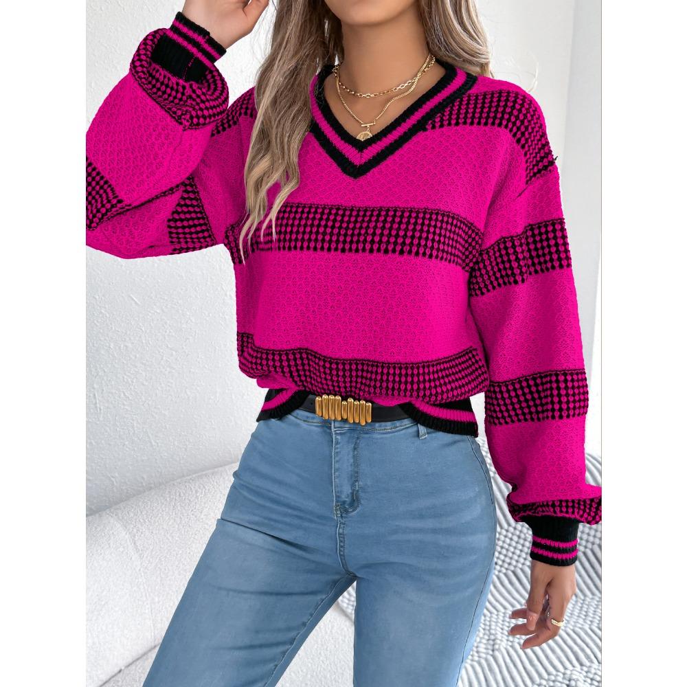 Damen V-Ausschnitt farblich abgesetzter gestreifter Pullover mit Glockenärmeln