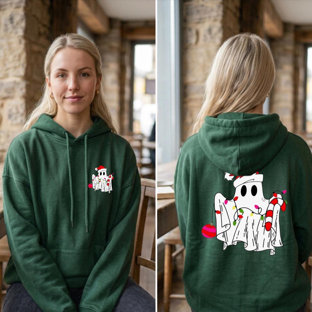 Funny Christmas Ghost Sweatshirt String Lights Candy Cane Graphic Long Sleeves Pullover Spooky Holiday Xmas Tops Women