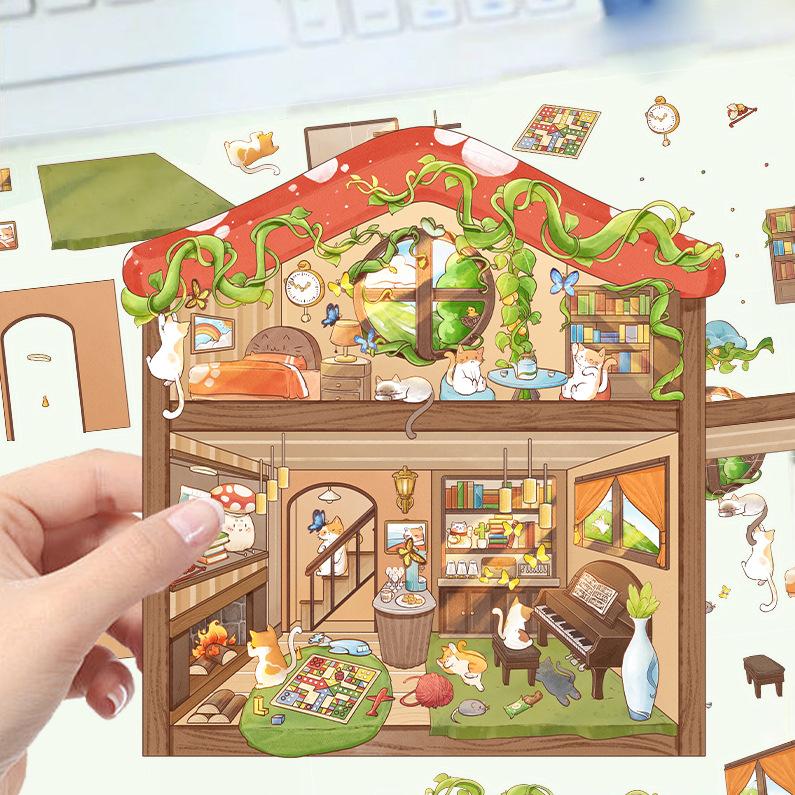 Cartoon Landscape Sticker Cat House Scene 3D Three-dimensional House Unzip DIY Scene Handbook Sticker