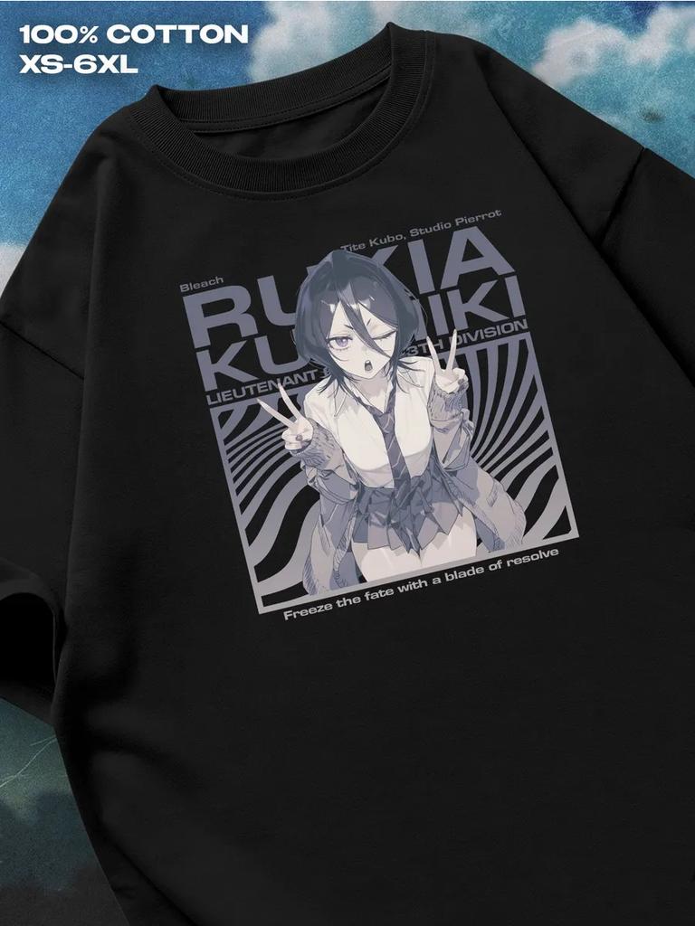 Bleach Rukia Kuchiki black T‑shirt Mens Tshirt Womens Tshirts with Letters Print Short Sleeves T-Shirt Casual Street Tee Shirt Top