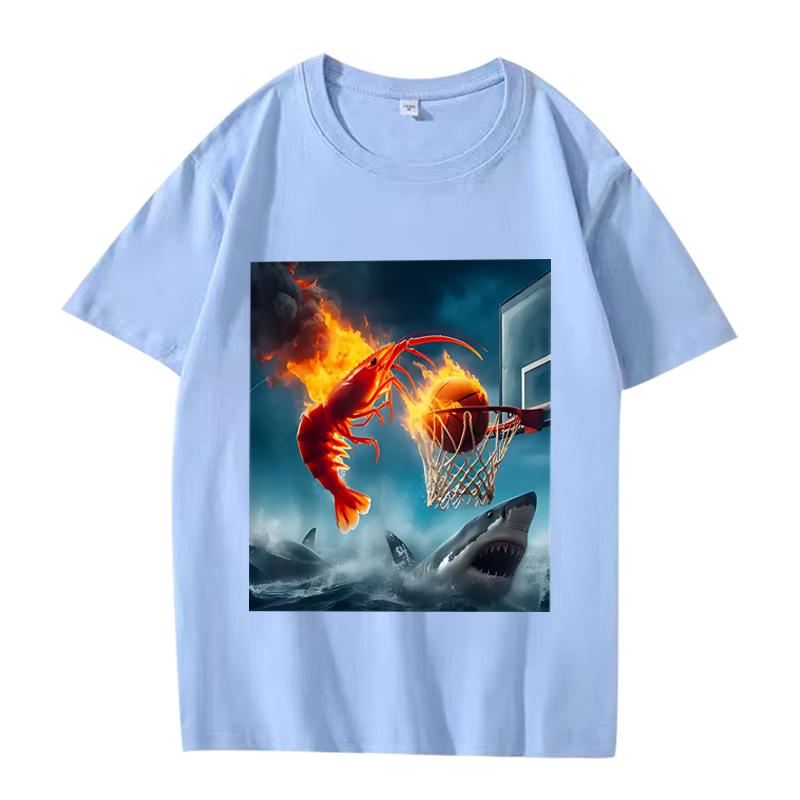 Shrimp Dunking on Shark Graphic tee Retro Fishing Meme T Shirt men women Oversized 100% Cotton  short sleeve Summer Unisextops