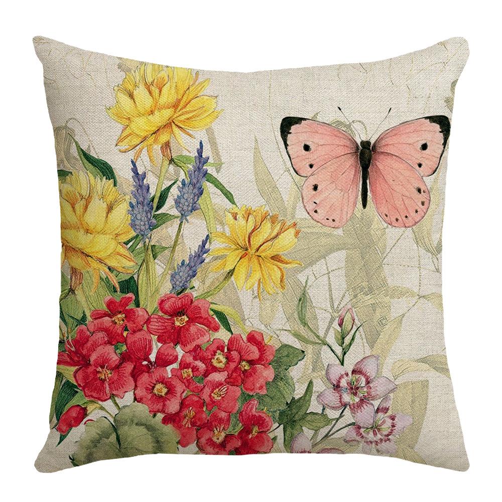 Spring and Summer Flowers and Butterflies Country Print Car Cushion Bedside Cushion Linen Pillow Case