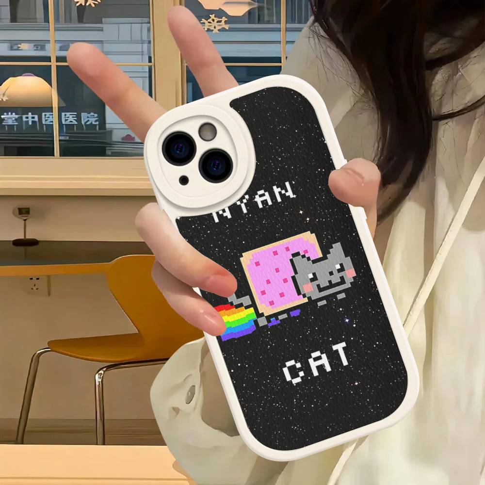 Cute N-Nyan Cat For IPhone 16 15 14 16E 13 12 11 Pro Max Plus Phone Leather Case