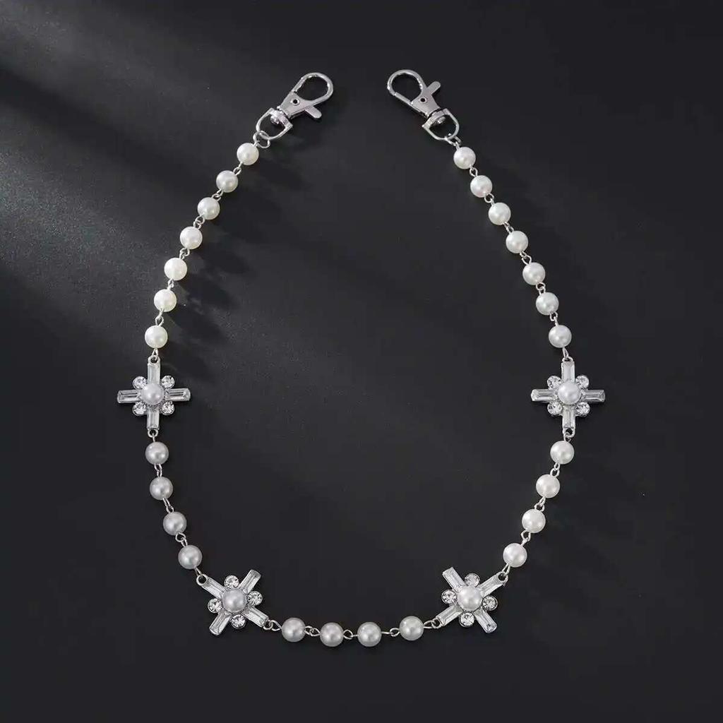 Salircon Exquisite Imitation Pearl Pants Keychain Wallet Belt Chain Men Women Punk Cross Rhinestone Trousers Chain Jewelry