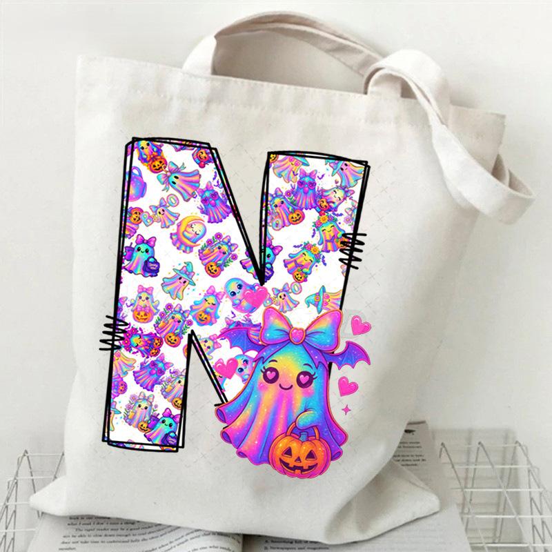 Halloween Alphabet Canvas Bag Going Out Portable Handbag Women's Large Capacity Casual Shoulder Crossbody Bag