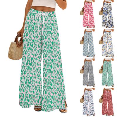 Women's Printed Wide Leg Pants With Pockets High Waist Drawstring Loose Casual Pants