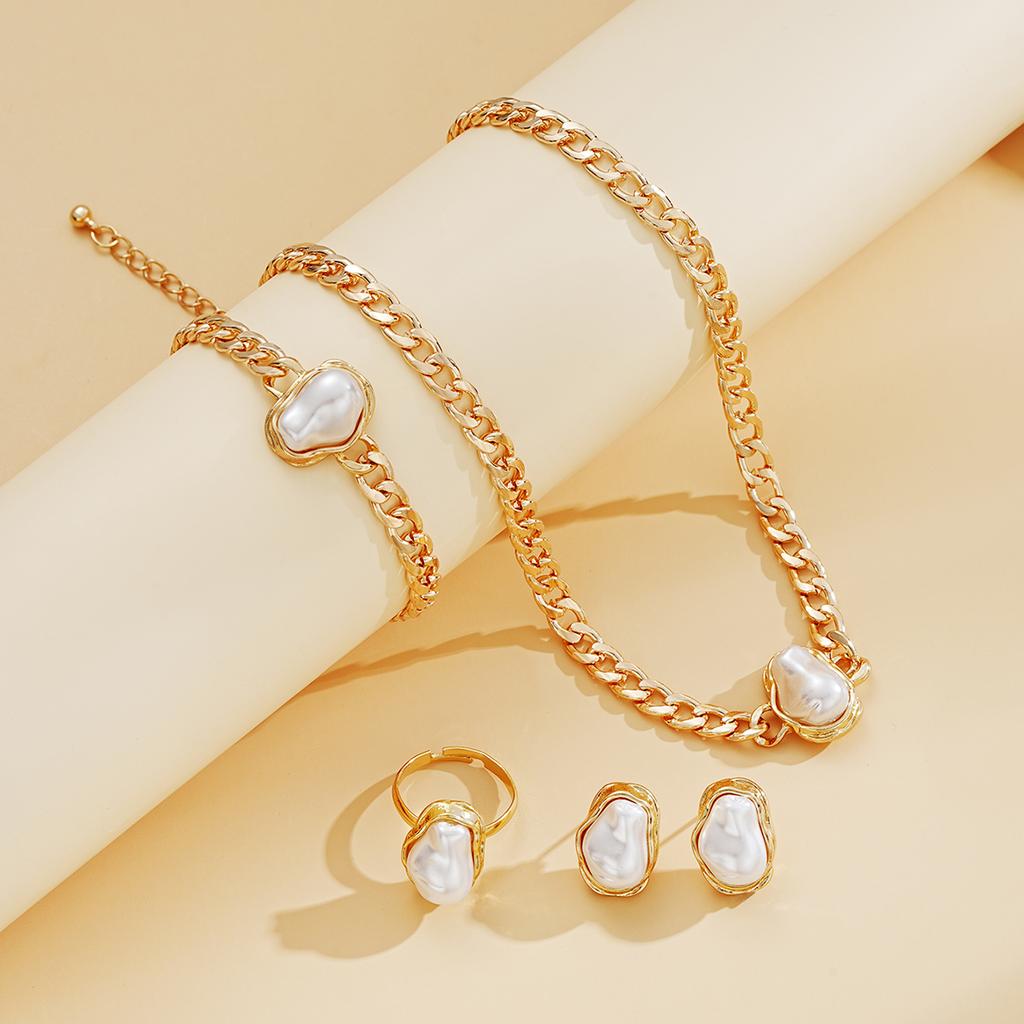 5PCS Women's Irregular Imitation Pearls Jewelry Set For Women Fashion Gold Color Necklace Bracelet Ring Earrings Wedding Jewelry