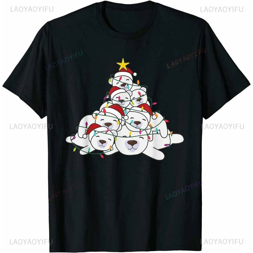 Polar Bear Christmas Tree Tshirt Funny Animal Christmas Cartoon Polar Bears TShirt Gift for Children Shirt Unisex Women Casual Tee S