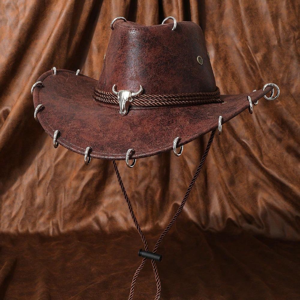 

Pu Leather Panama Cap Solid Color Cowgirl Cap Shadow Hat Jazz Hat Outdoor Style 2