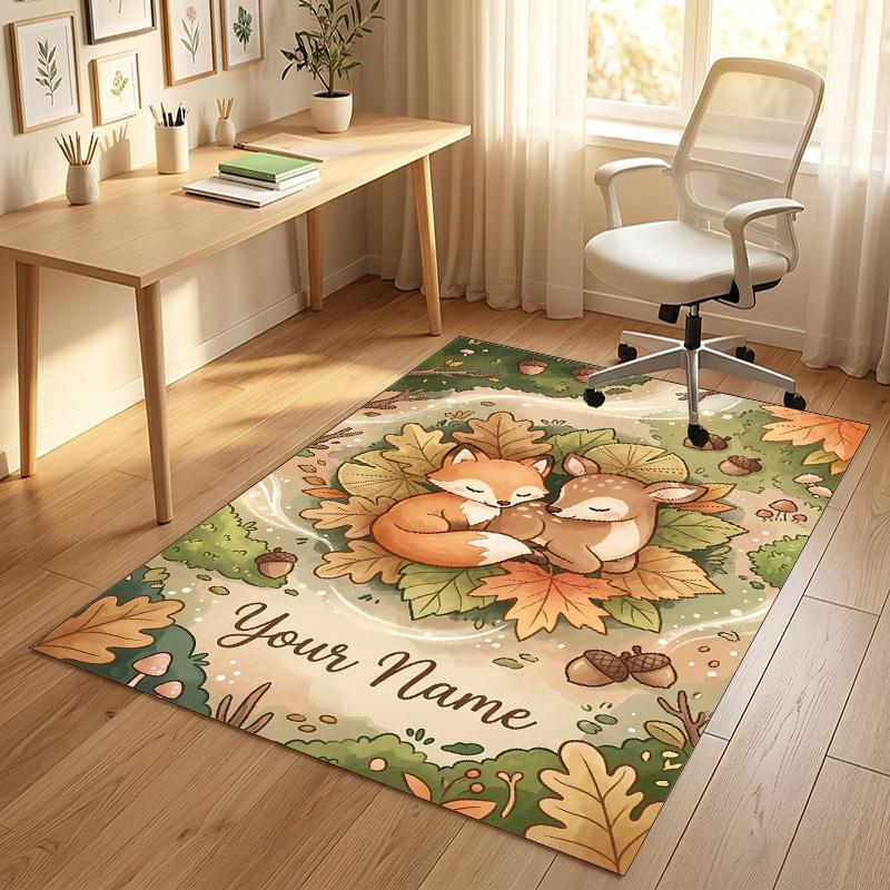 Autumnal Foxes Theme Soft Crystal Velvet Rug Custom Name & Text Print Non Slip Floor Rug for Bedroom Living Room
