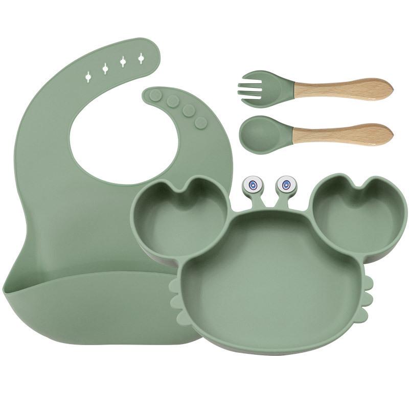 Crab-Themed Silicone Tableware Set: 9-Piece Baby Feeding Kit with Meal Plate, Bowl, Spoon, and Fork