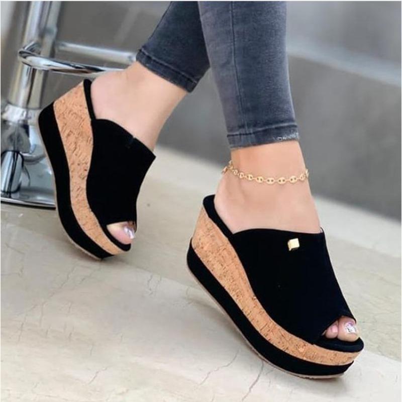 New Slippers Summer  Wedges  Retro Fish Mouth Large Size Sandals Women High Heel Platform Solid Color Plus Size Shoes Sandalias