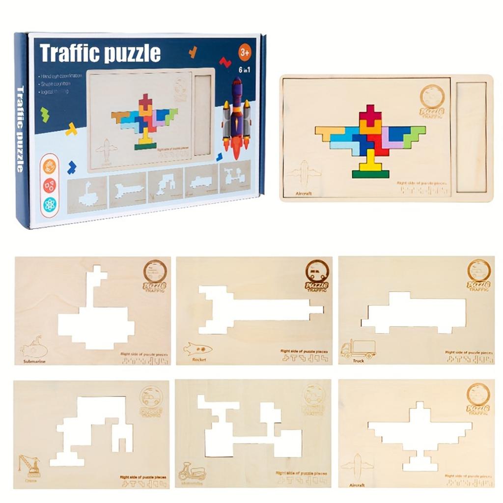 Kids Wooden 3D Puzzle Set, Educational Animal, Dinosaur,And Transport Themes, Mixed Color Wooden Toy Building Block Gift Set