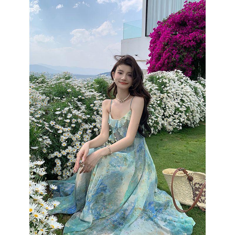 

Deng Liuliu Ruffles Oil Painting Sling Women s Summer Dress Color XS(In stock)