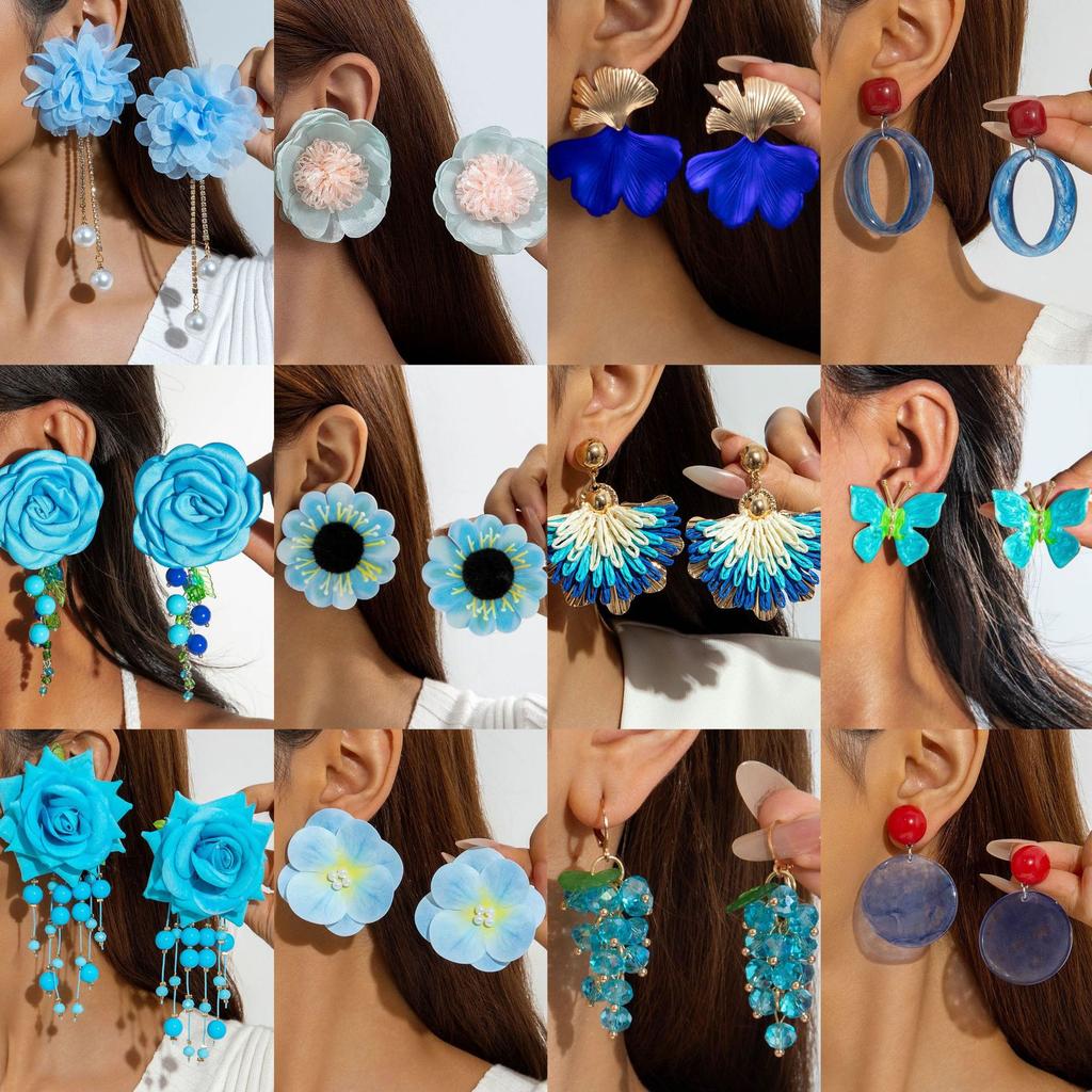 Accessories Bohemian blue tone flower earrings, geometric earrings earrings for women
