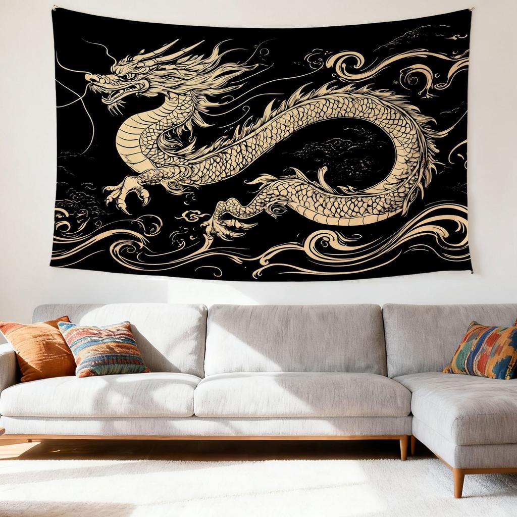 2026 Happy New Year Tapestry  Dragon Pattern Swirl Cloud Anime Home Decor Polyester Printed Wall Hanging