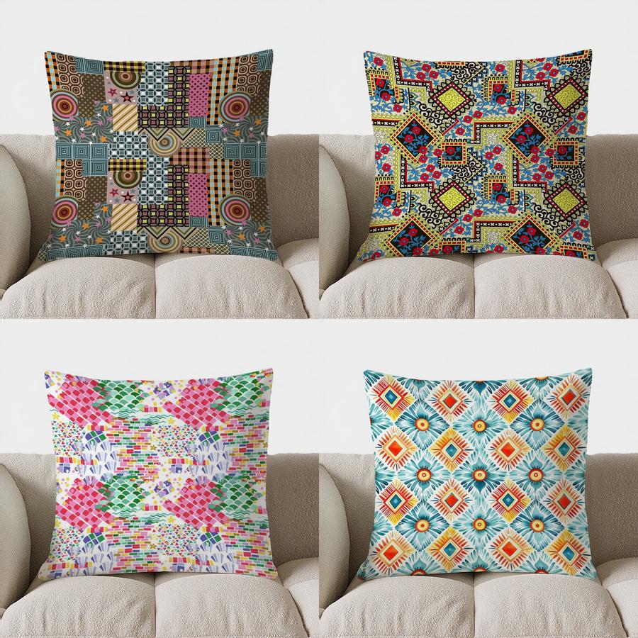 Colorful Geometric Patchwork Pattern Doublesided Printed Pillow Cover Short Plush Suitable Living Room Sofa Throw Cushion Cover