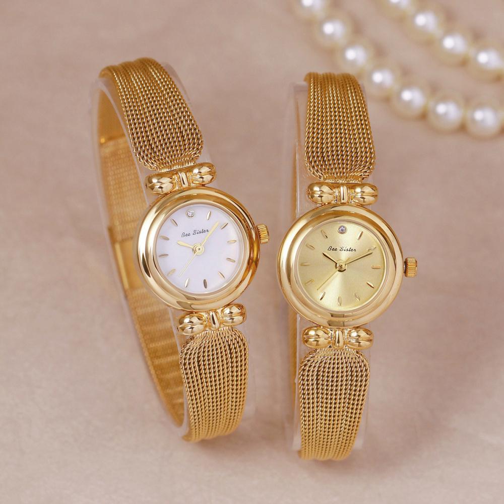 Mini Bowknot Mesh Band Women Quartz Watch, Small Round Dial Light Luxury Alloy Ladies Dress Wrist Watch with Shell Sunray Dial