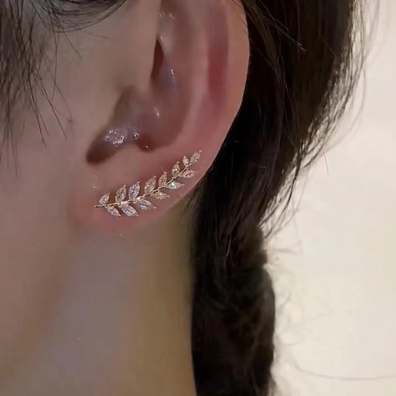 Luxury Rhinestone Leaf Stud Earrings for Women Shiny Wheat Ear Cuff Wedding Jewelry Exquisite Fashion Accessory
