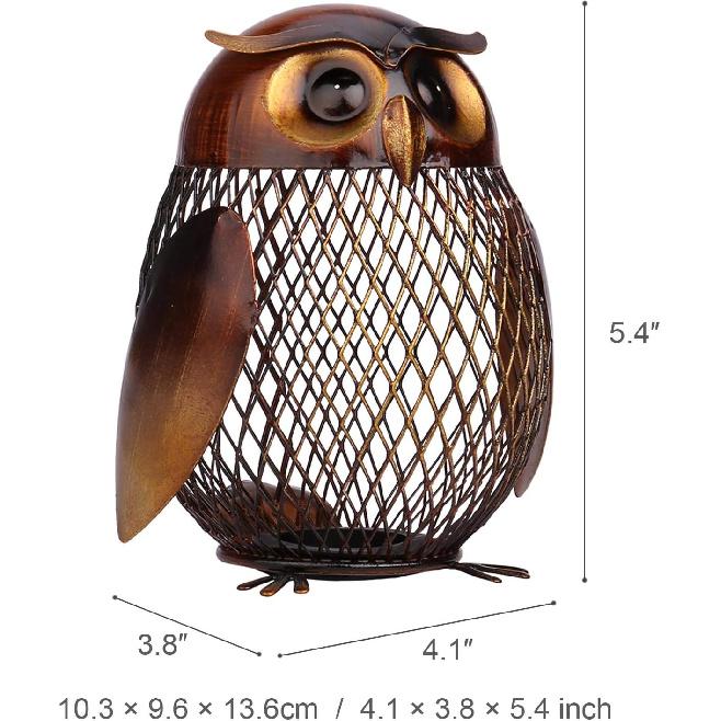 Tooarts Owl Shaped Metal Coin Bank Box Handwork Crafting Art