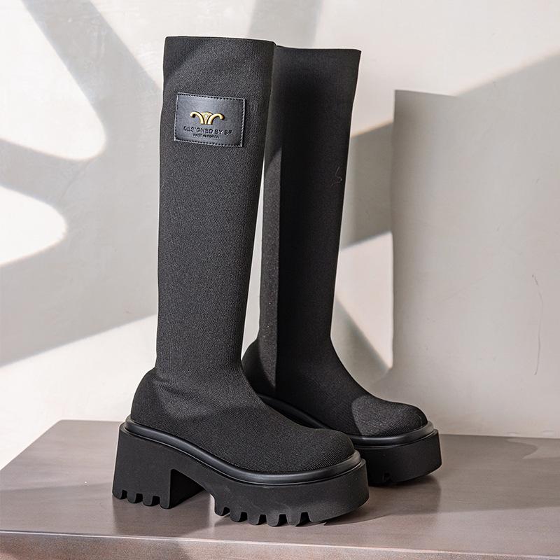 But Knee Elastic Boots Women's Autumn 2026 New Thick-soled Knitted Medium Socks Boots Niche Sleeve Thin Boots