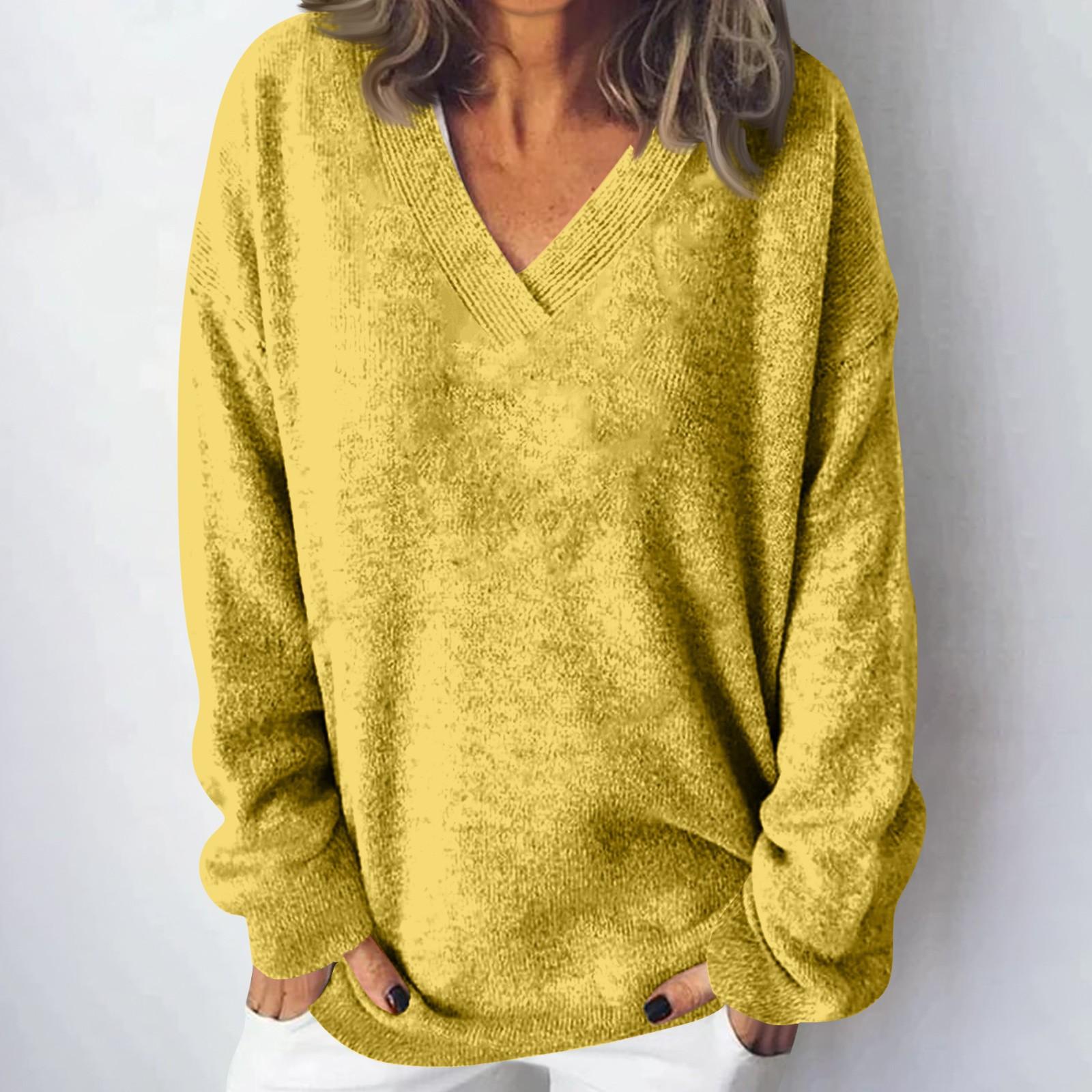 

Женская мода повседневная однотонная трикотажная кофта с V-образным вырезом и длинными рукавами, модный милый свитшот XXXL жёлтый