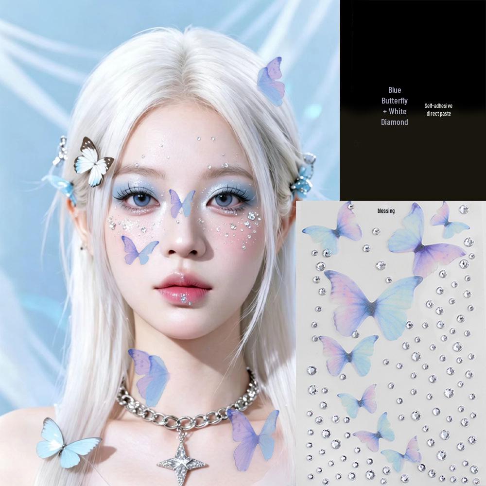Blue Star Diamond Face Stickers: Adhesive Rhinestone Designs for Tear Eye Makeup, Perfect for Music Festivals.