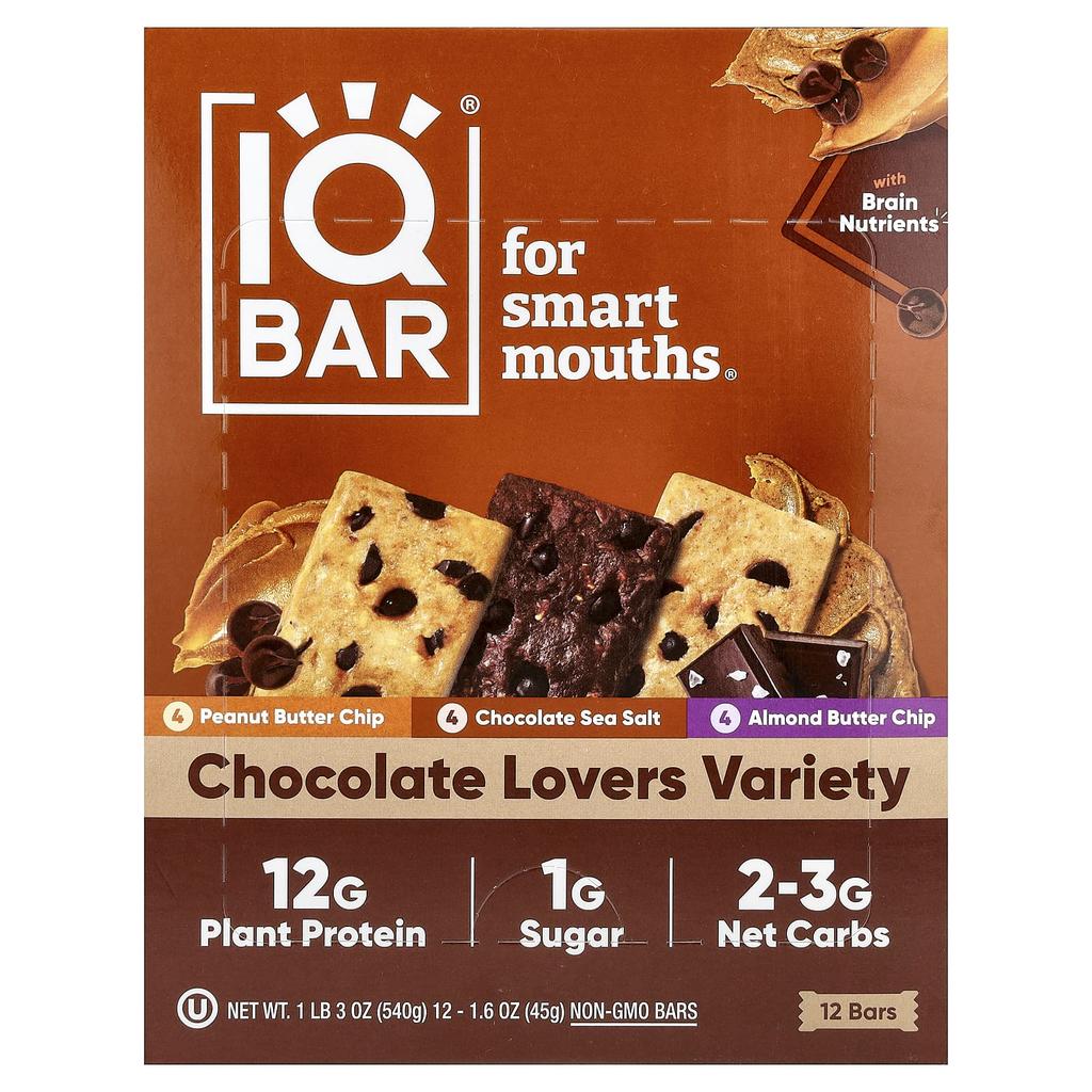 IQBAR, Plant Protein Bars, Chocolate Lover Variety, 12 Bars, 45g (1.6oz) Each