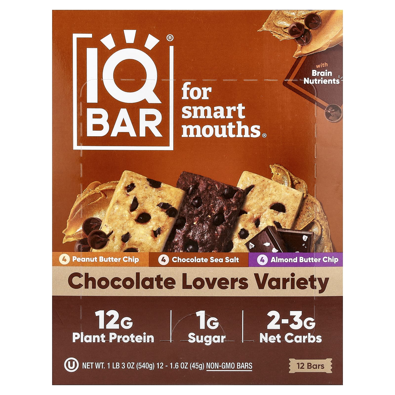 

IQBAR, Plant Protein Bars, Chocolate Lover Variety, 12 Bars, 45g (1.6oz) Each