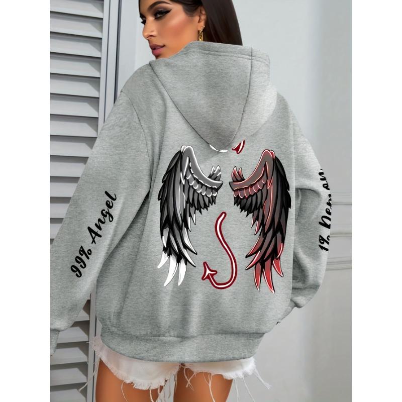 Übergröße Engels- und Dämonen-Print Hoodie, Lässiges Langarm-Kapuzensweatshirt mit Tasche für Winter & Herbst, Entwickelt für Damen