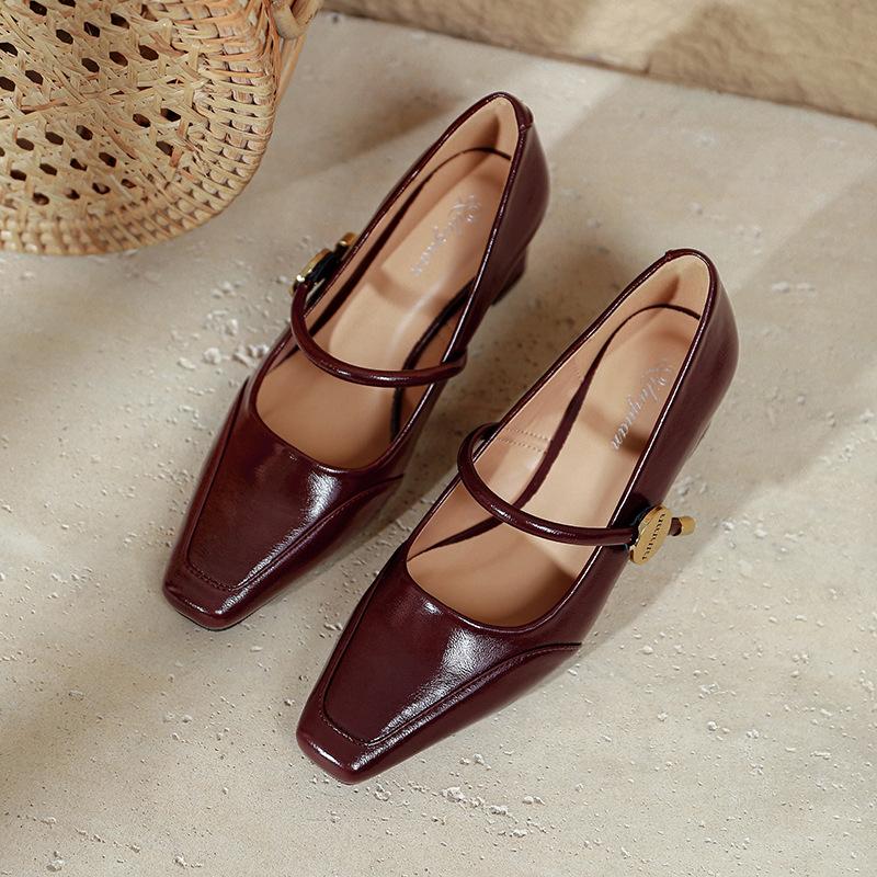 Square Head High Heels Thick Heels Are Not Tired Feet New Spring and Autumn Burgundy Light Mouth Single Shoes Splicing Word with Mary Jane Shoes